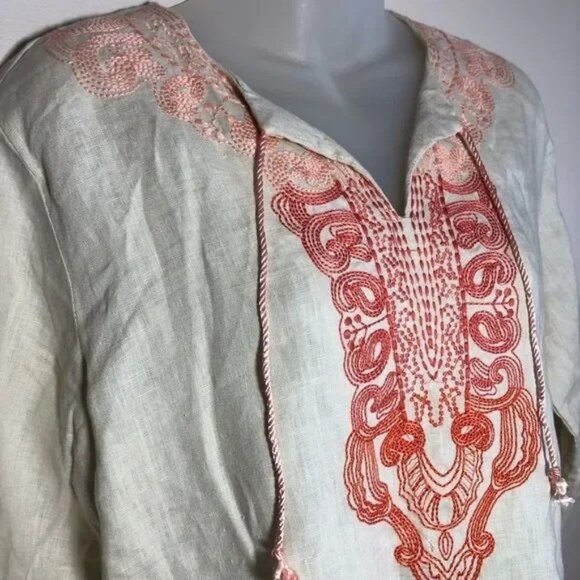 SYMPLE NYC BEIGE W/ORANGE-PEACH EMBROIDERED TUNIC W/ROLL TAB SLEEVES MEDIUM-NICE - Picture 3 of 6
